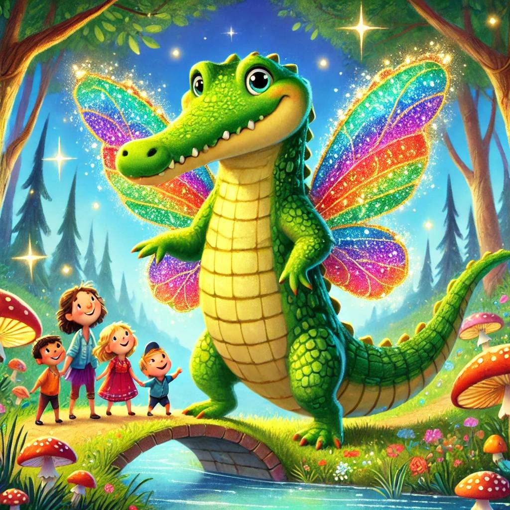 A magical crocodile with rainbow wings surrounded by happy children in an enchanted forest